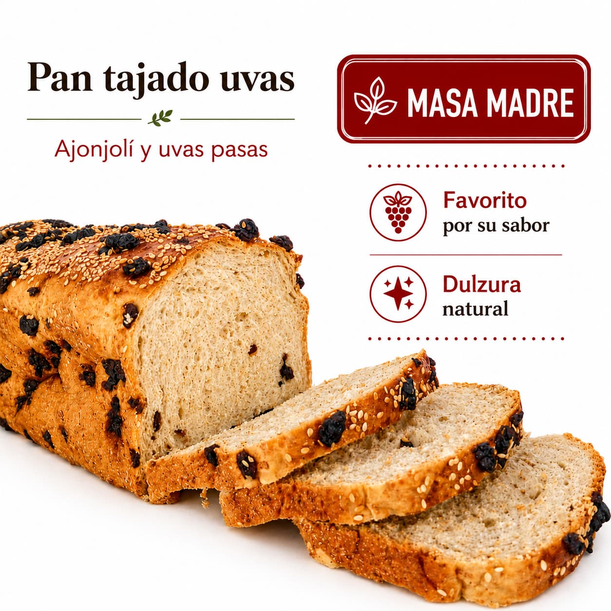 Pan Tajado uvas pasas y ajonjolí 
